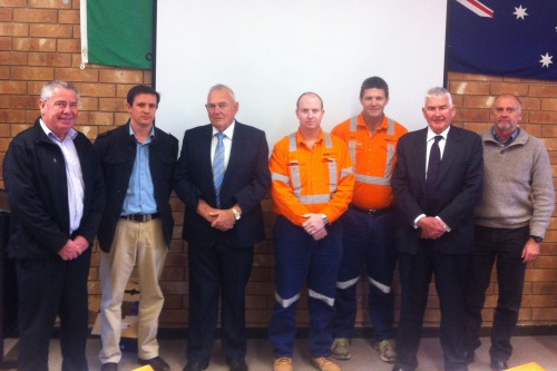 Regional NSW lends a hand to outback SA... District Council of Coober Pedy's Phil Cameron; IMX Resources', Steve Staines; AMRC Chair and Wollondilly Shire Mayor Cr. Col Mitchell; OzMinerals', Will Short and Mark Bell; AMRC Executive Officer, Don Tydd; and Arrium Mining's Ron Hardman.